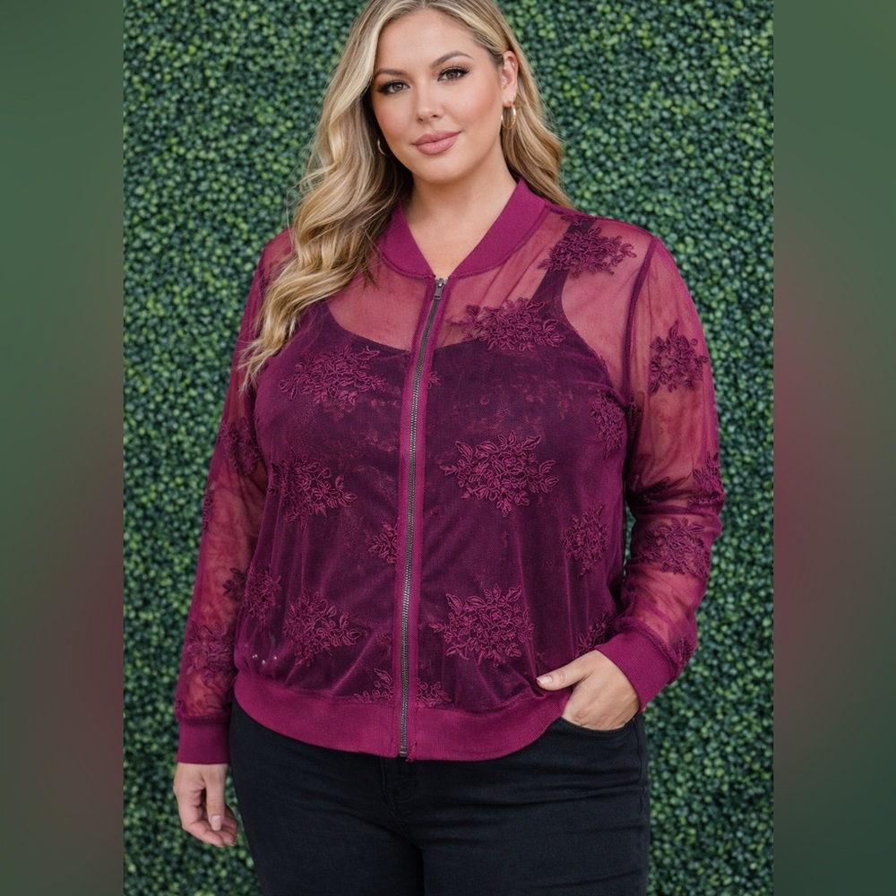 Torrid‎ burgundy sheer embroidery bomber zip up jacket nwt
